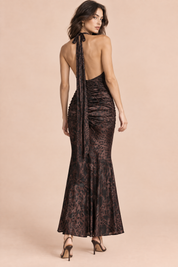 Robe longue marron froncée à col dos nu | Vue de dos | Lounelle Paris