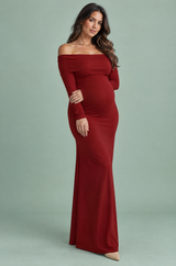 Bordeauxrotes Umstands-Maxikleid aus Mesh mit Raffungen und Bardot-Ausschnitt
