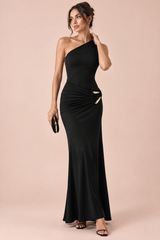 Langes schwarzes Satinkleid mit One-Shoulder-Ausschnitt und freiem Rücken