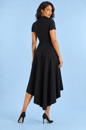 Robe midi asymétrique à col montant noire | Vue de dos | Lounelle Paris