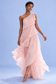 Robe rose clair asymétrique à volants | Vue en mouvement | Lounelle Paris