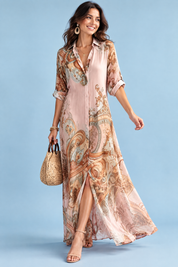 Robe-chemise midi imprimée rose | Vue de face | Lounelle Paris