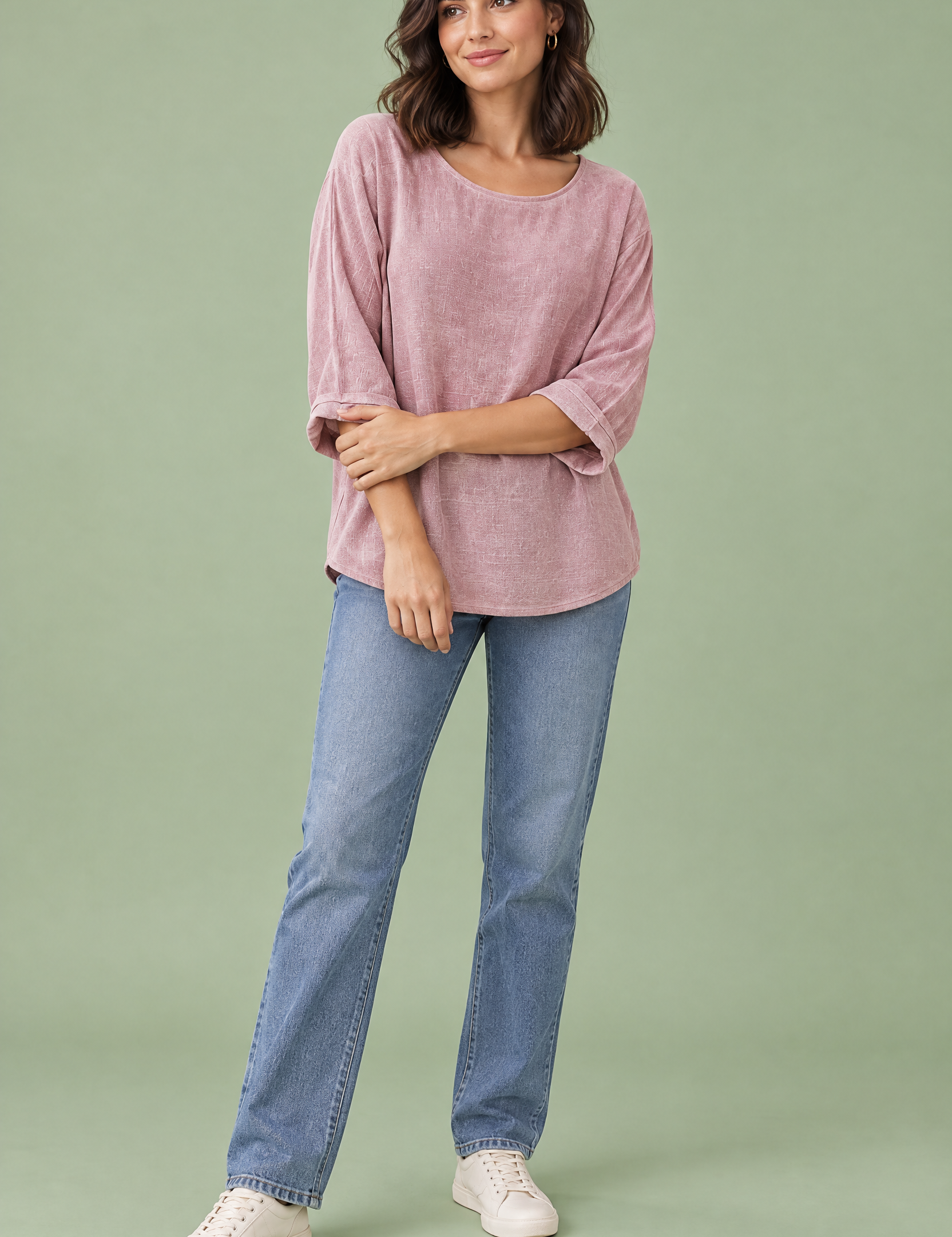 T-shirt rose poudré à manches trois-quarts, coupe décontractée | Vue de face | Lounelle Paris