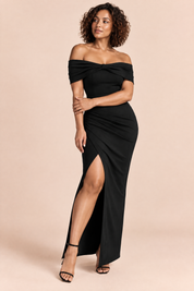 Robe longue noire style Bardot, nœud et fente haute | Porté sur une autre silhouette | Lounelle Paris