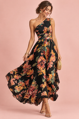 Schwarzes geblümtes One-Shoulder-Maxikleid