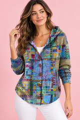 Blauer Cardigan mit Kapuze und Knopfleiste