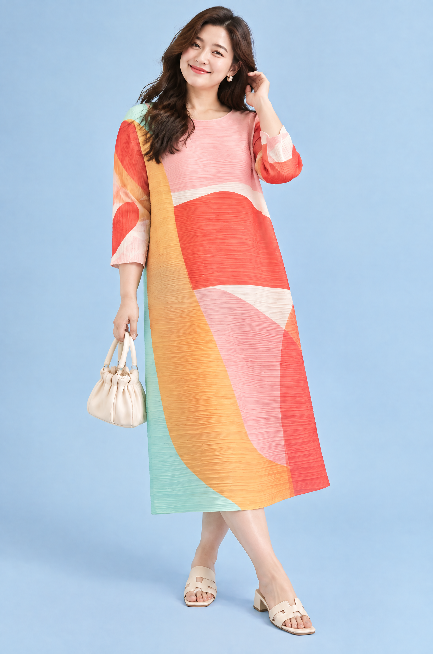 Robe midi trapèze plissée jaune | Porté sur une silhouette plus ronde | Lounelle Paris