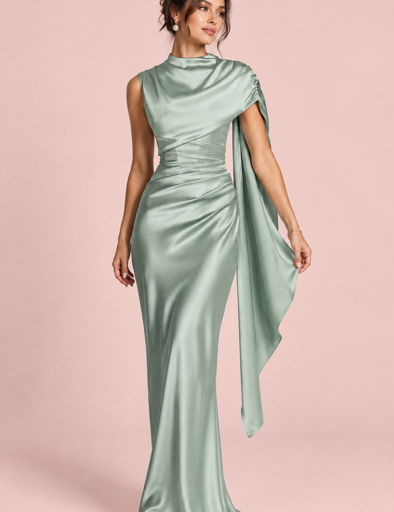 Robe longue en satin vert sauge à col bénitier | Vue de face | Lounelle Paris