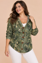 Gilet vert olive à capuche boutonné | Porté sur une autre silhouette | Lounelle Paris