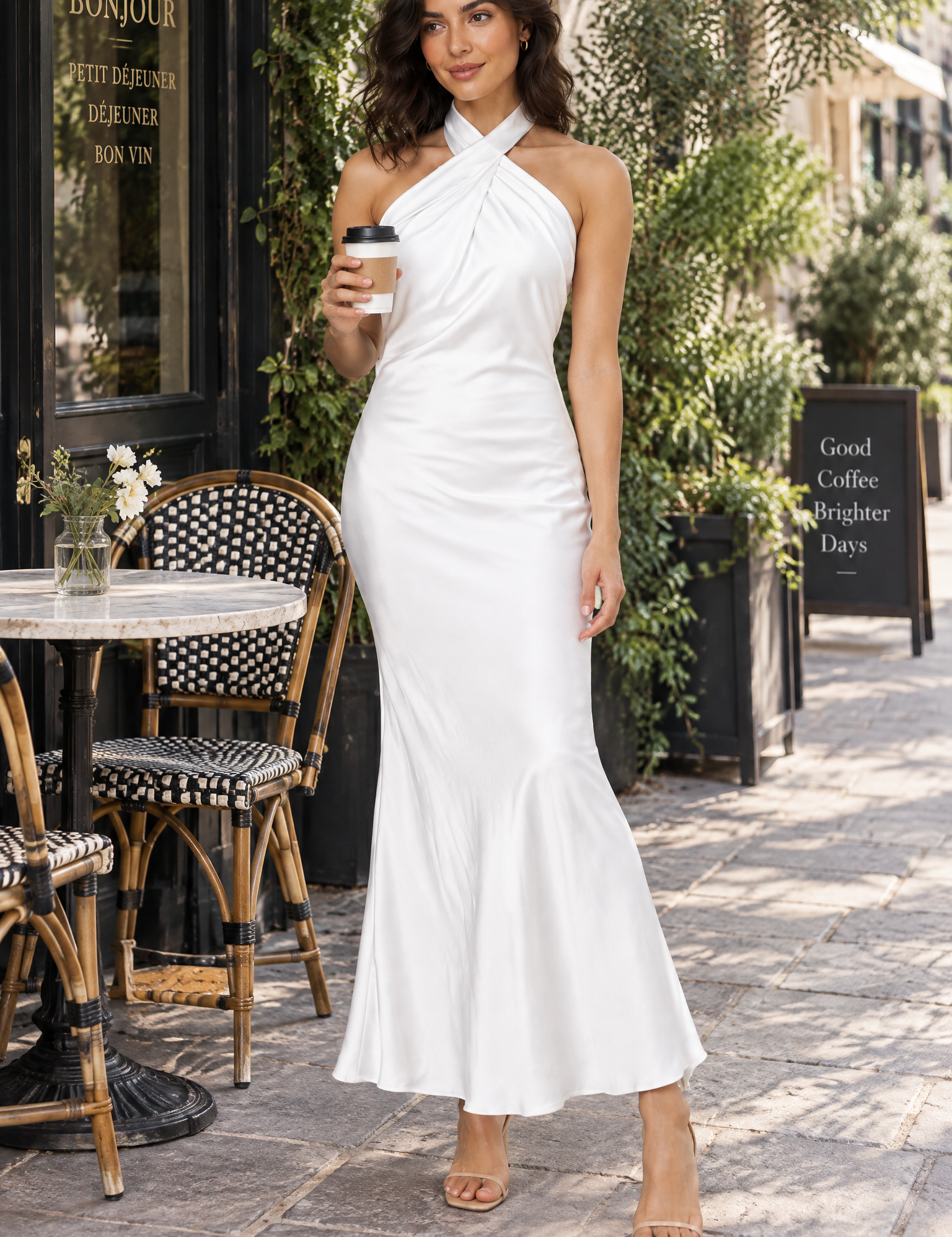 Robe longue blanche dos nu à col américain | Photo lifestyle | Lounelle Paris