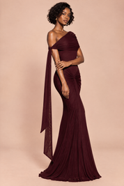 Robe longue moulante froncée asymétrique bordeaux | Vue de dos | Lounelle Paris