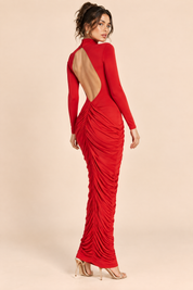 Robe longue rouge froncée à manches longues | Vue de dos | Lounelle Paris