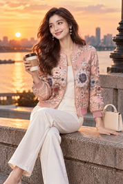 Bomber rose fleuri orné de perles | Deuxième photo lifestyle | Lounelle Paris