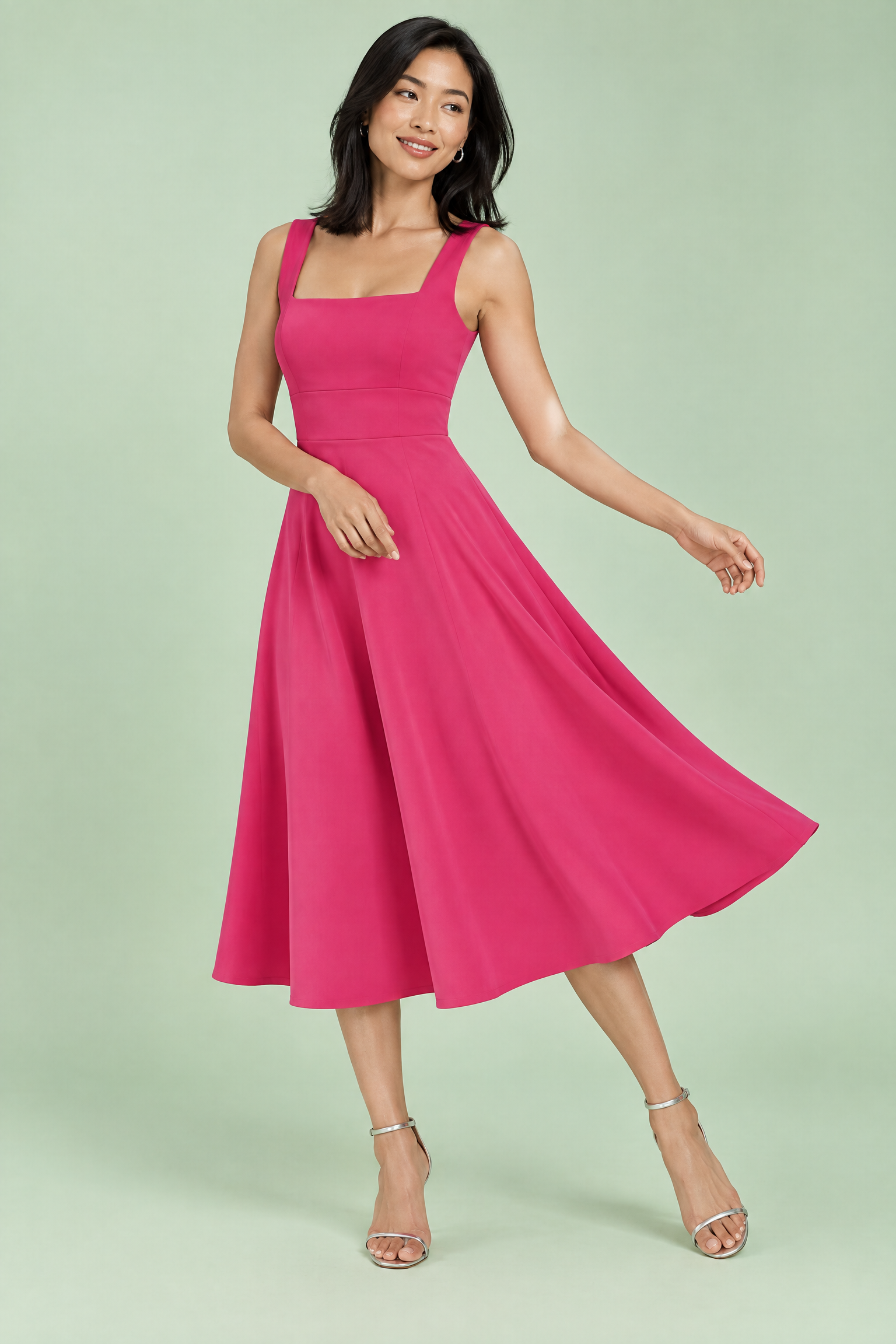 Robe midi rose vif à fines bretelles et jupe évasée | Vue en mouvement | Lounelle Paris