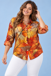 Chemise orange à imprimé floral | Porté sur une silhouette plus ronde | Lounelle Paris