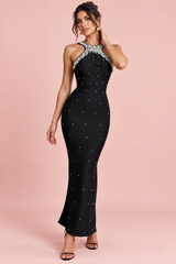 Schwarzes Maxikleid mit Neckholder-Ausschnitt und Strassbesatz