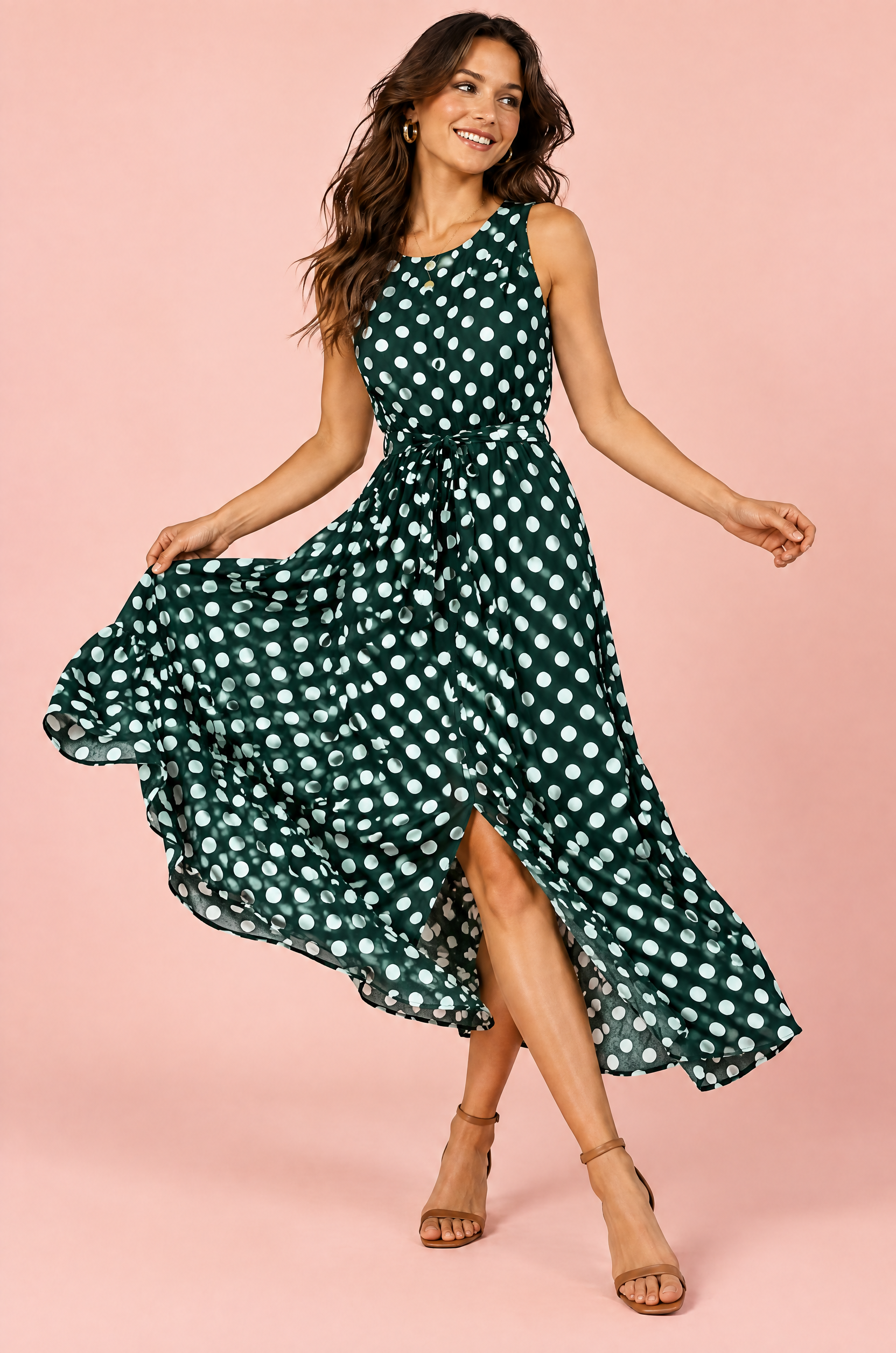 Robe longue verte à pois avec col montant et détails drapés | Vue en mouvement | Lounelle Paris