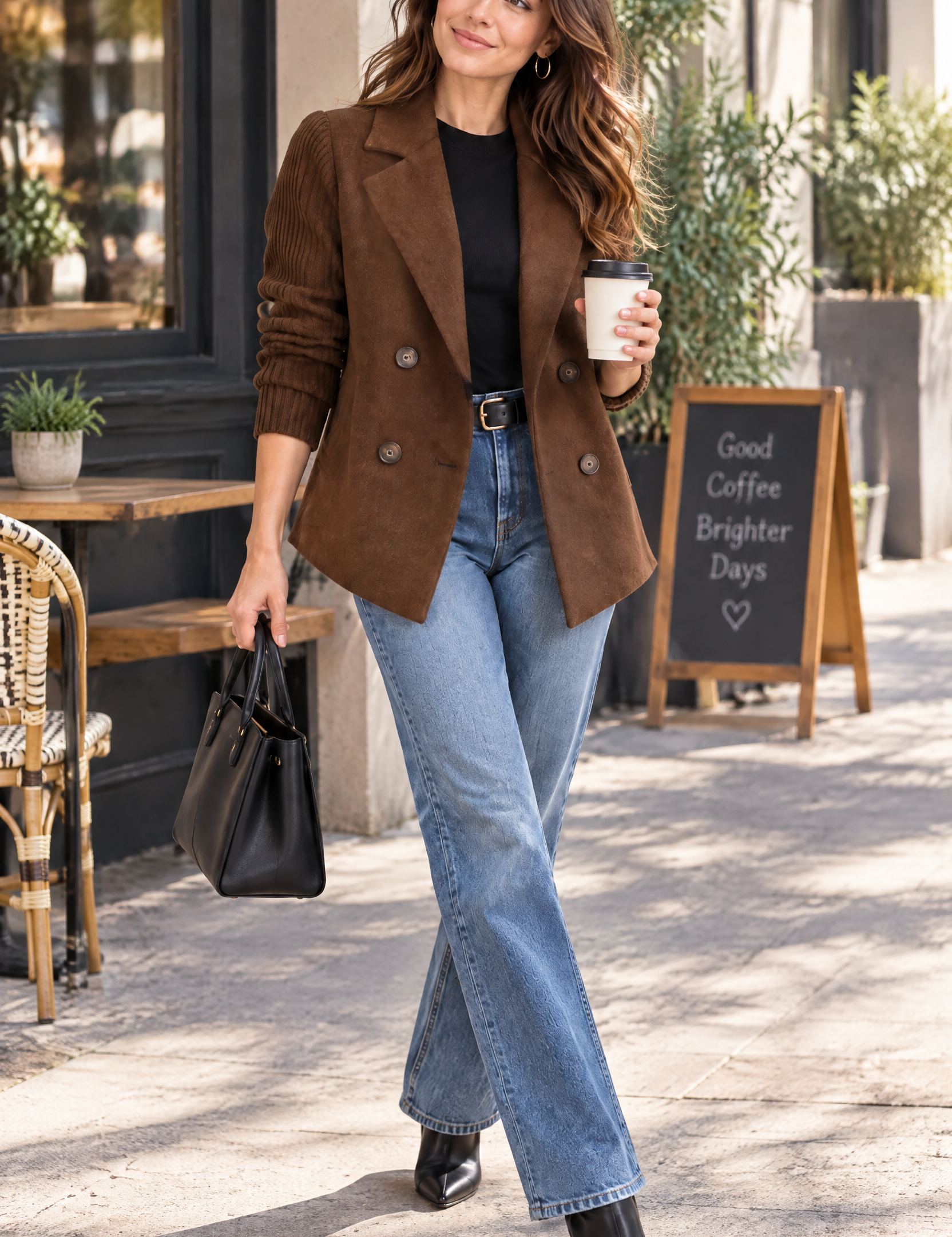 Blazer marron foncé croisé à revers | Photo lifestyle | Lounelle Paris