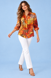 Chemise orange à imprimé floral | Vue en mouvement | Lounelle Paris