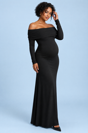 Robe longue de grossesse noire en résille froncée à col Bardot | Vue de face | Lounelle Paris