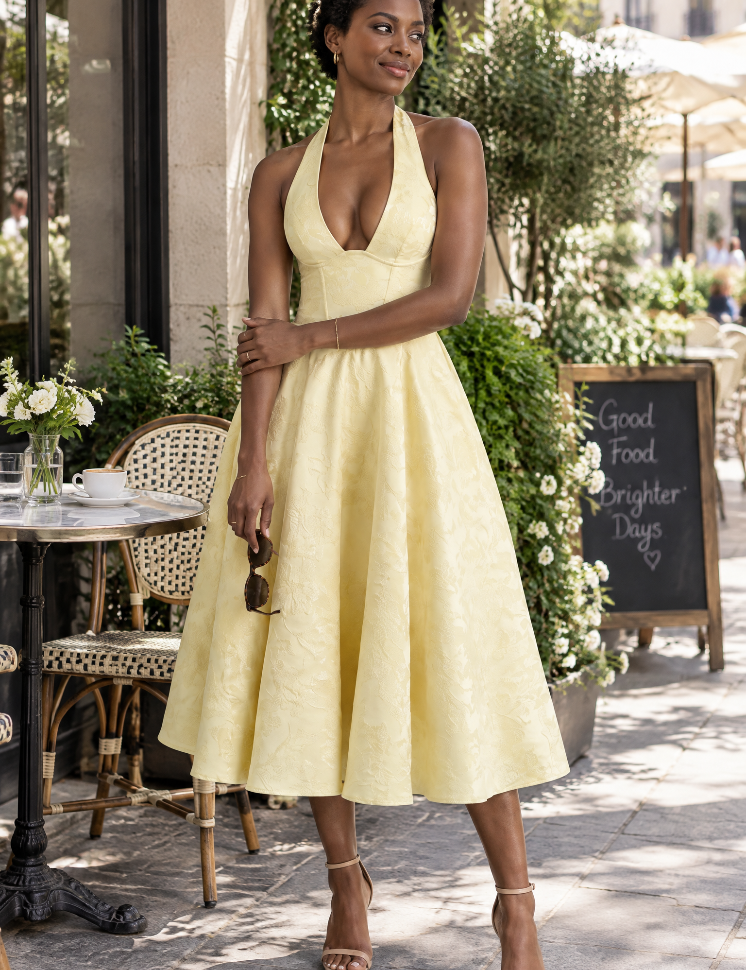Robe midi jacquard à encolure dos nu jaune | Photo lifestyle | Lounelle Paris
