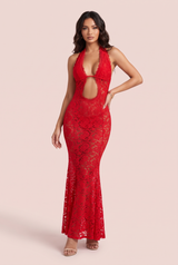 Rotes rückenfreies Neckholder-Maxikleid