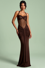 Gerafftes Neckholder-Maxikleid in Dunkelbraun