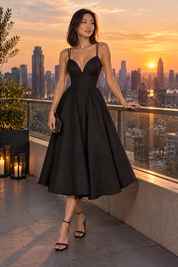 Robe midi noire à fines bretelles et jupe ample | Deuxième photo lifestyle | Lounelle Paris