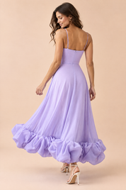 Robe midi lilas évasée à bas volanté | Vue de dos | Lounelle Paris