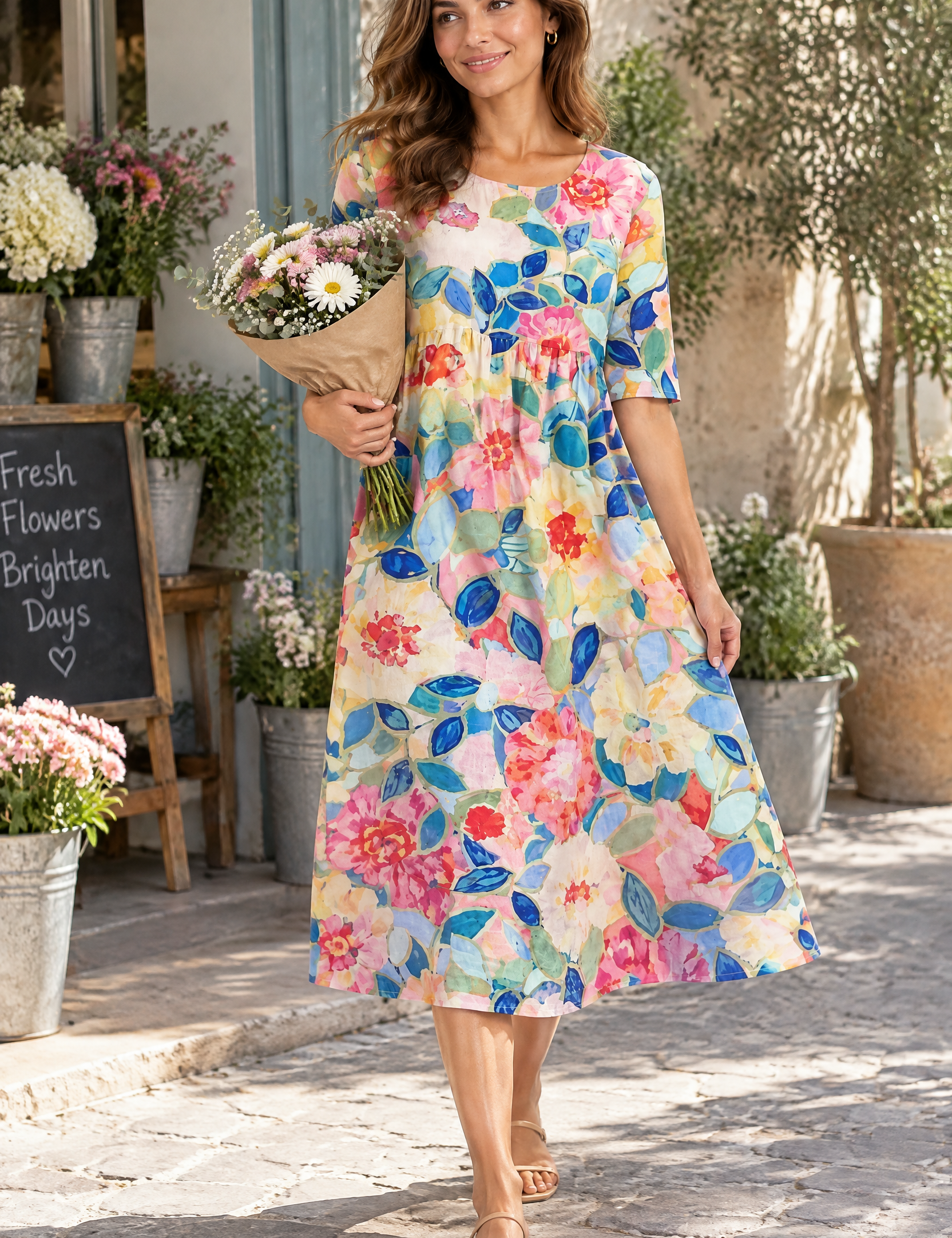 Robe midi trapèze à motif floral blanc cassé | Photo lifestyle | Lounelle Paris