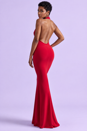 Robe longue rouge dos nu à col bénitier, coupe sirène | Vue de dos | Lounelle Paris