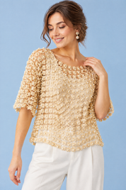 Top beige brodé et perlé | Vue rapprochée | Lounelle Paris