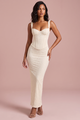 Elfenbeinfarbenes Korsett-Maxikleid aus Spitze