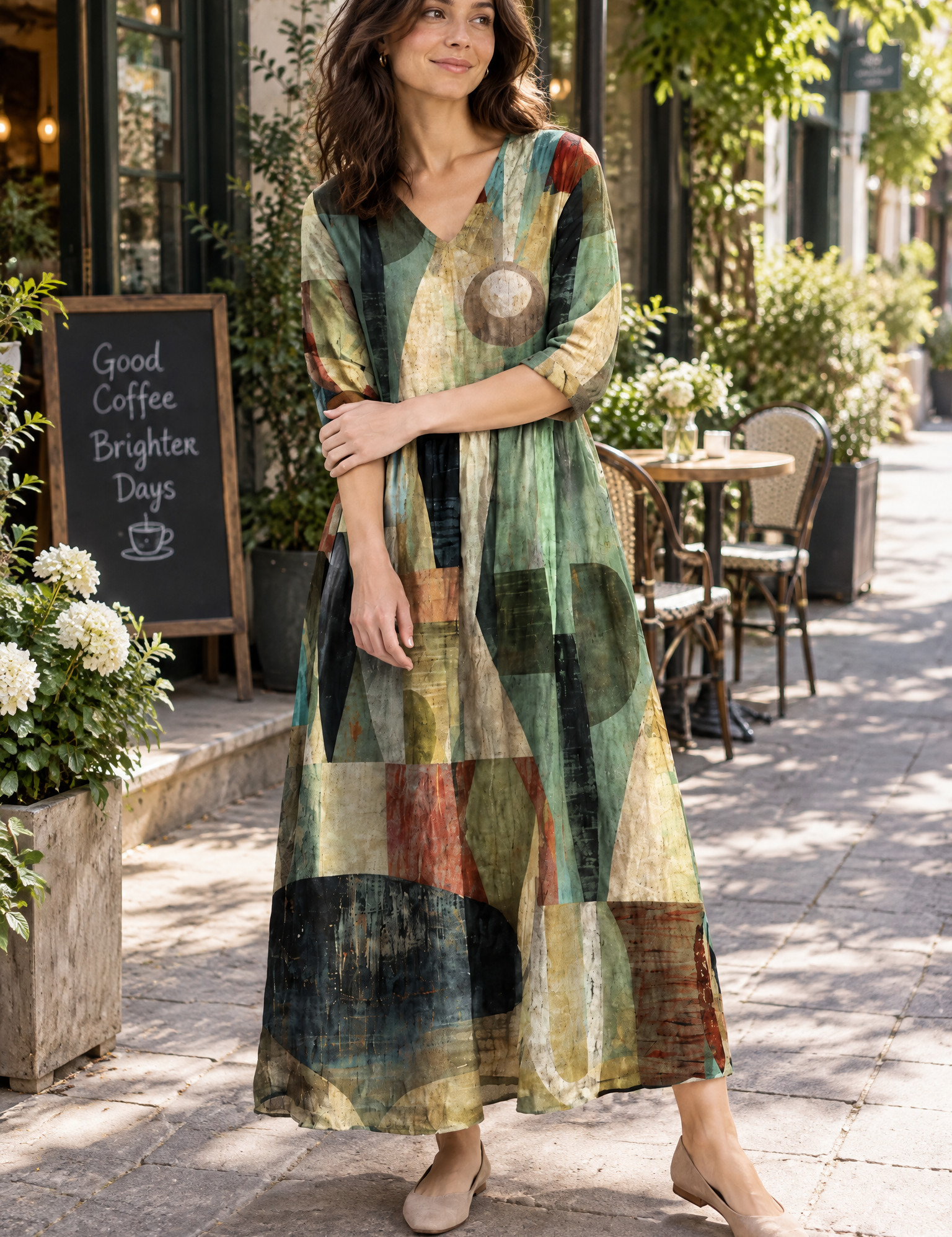 Robe verte fluide à col en V | Photo lifestyle | Lounelle Paris