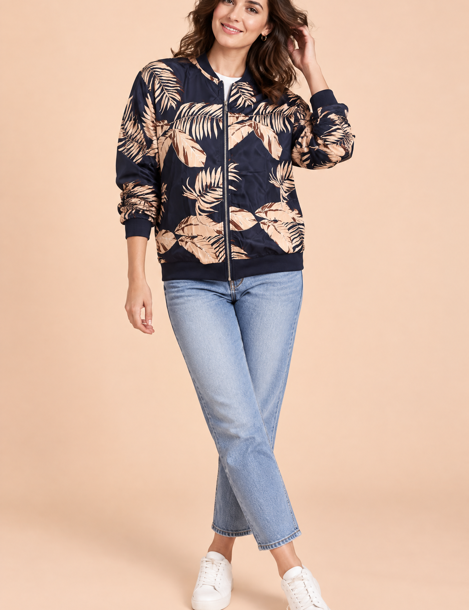 Veste bomber fleurie ajustée bleu mer | Vue de face | Lounelle Paris