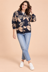 Meerblaue Bomberjacke mit Blumenmuster und taillierter Passform