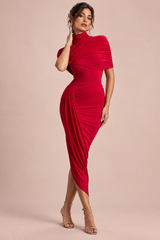Rotes asymmetrisches Midikleid mit gedrehtem Cape