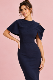 Robe midi moulante Berry avec cape drapée — Bleu marine | Vue rapprochée | Lounelle Paris