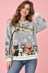 Oversize-Pullover mit Katzenmotiv in Grau