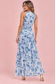 Robe longue bleue à col montant et détails froncés | Vue de dos | Lounelle Paris