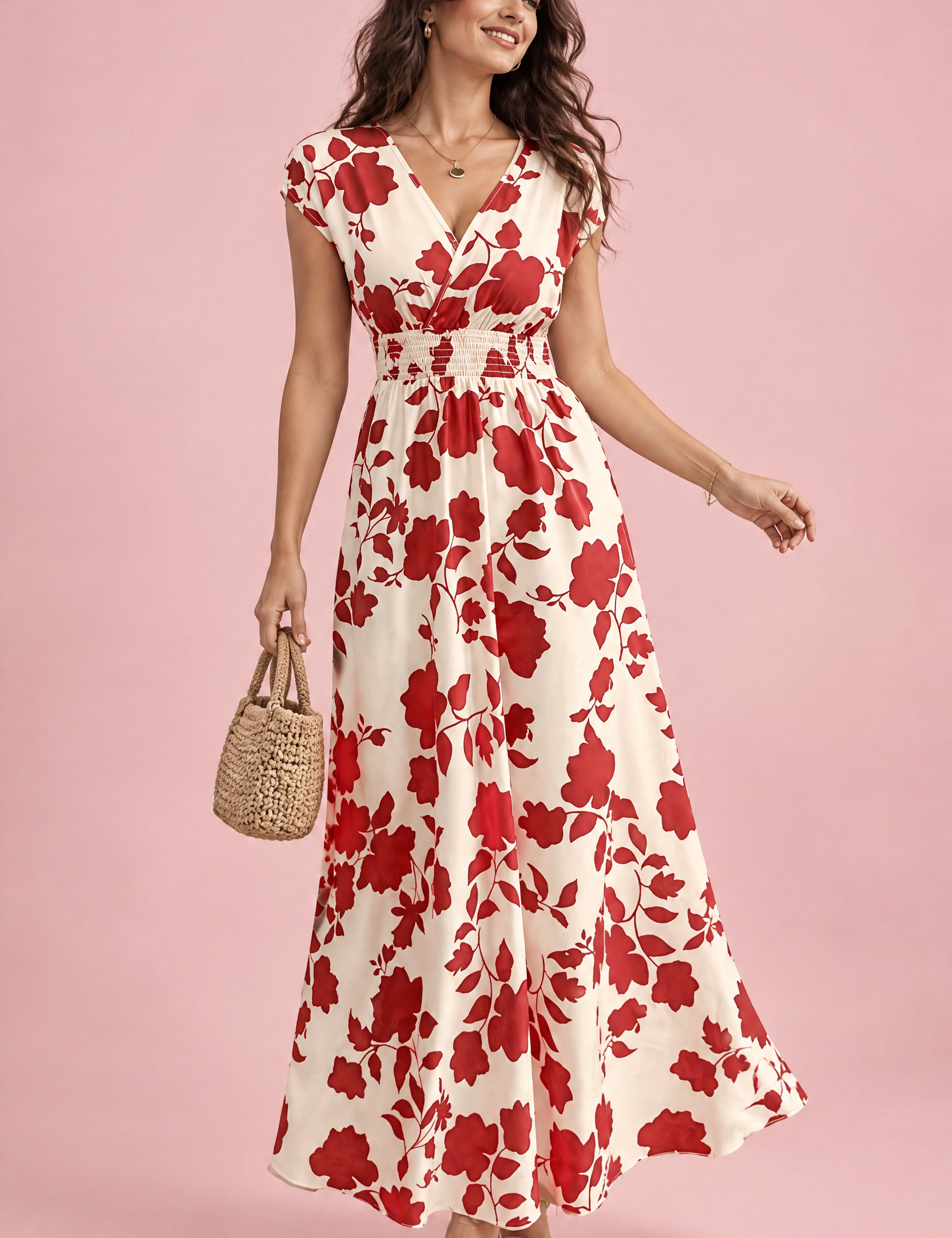 Robe longue écrue à fleurs et taille smockée | Vue de face | Lounelle Paris