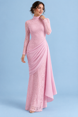 Rosa hochgeschlossenes Spitzen-Maxikleid mit drapiertem Rock