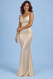 Robe longue beige à coupe en biais et décolleté drapé | Vue de face | Lounelle Paris