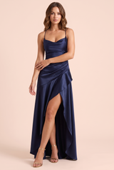 Marineblaues asymmetrisches Kleid mit Wasserfallausschnitt