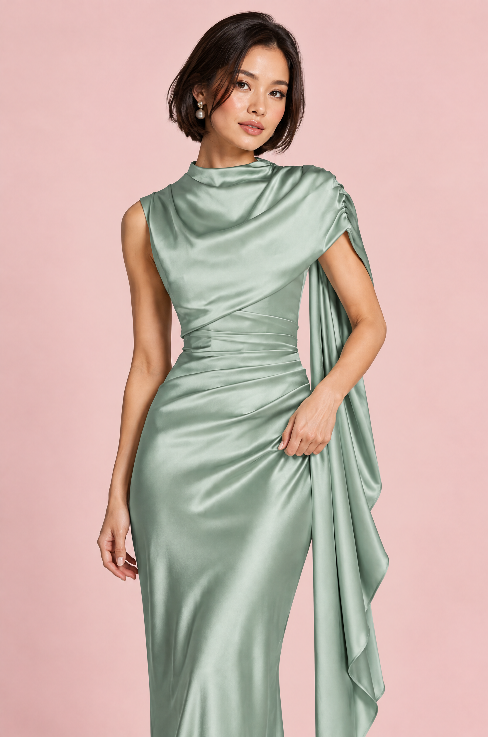Robe longue en satin vert sauge à col bénitier | Vue rapprochée | Lounelle Paris