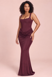 Robe longue magenta froncée à encolure carrée | Porté sur une autre silhouette | Lounelle Paris