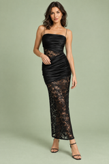 Langes schwarzes, gerafftes Bustierkleid aus Spitze und Satin mit freiem Rücken