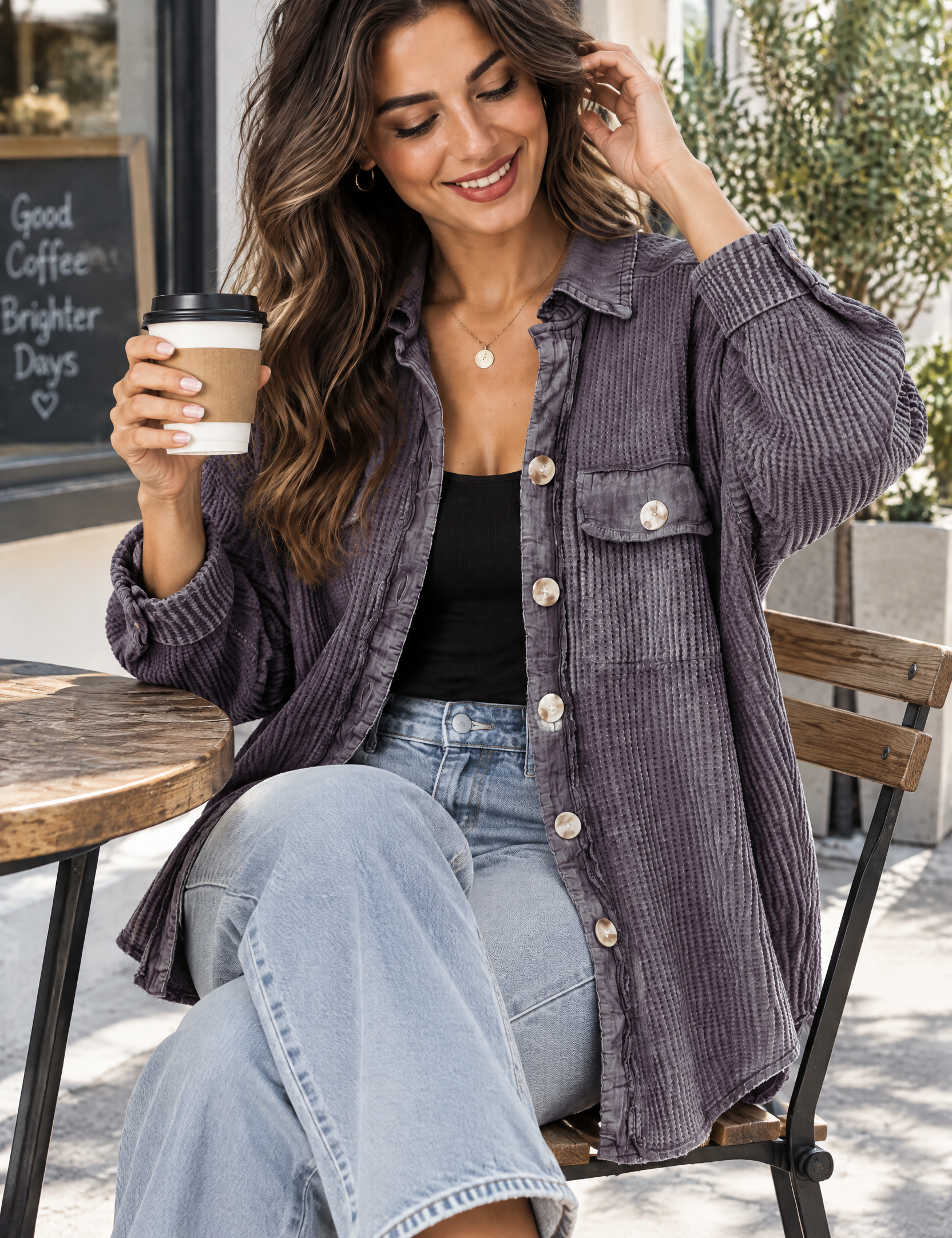 Surchemise violette à bords effilochés | Photo lifestyle | Lounelle Paris