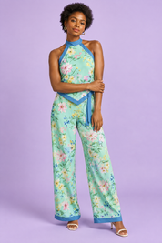 Combishort asymétrique vert menthe à imprimé floral et encolure dos nu | Vue de face | Lounelle Paris