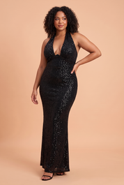 Robe longue à sequins dos nu noire | Porté sur une silhouette plus ronde | Lounelle Paris